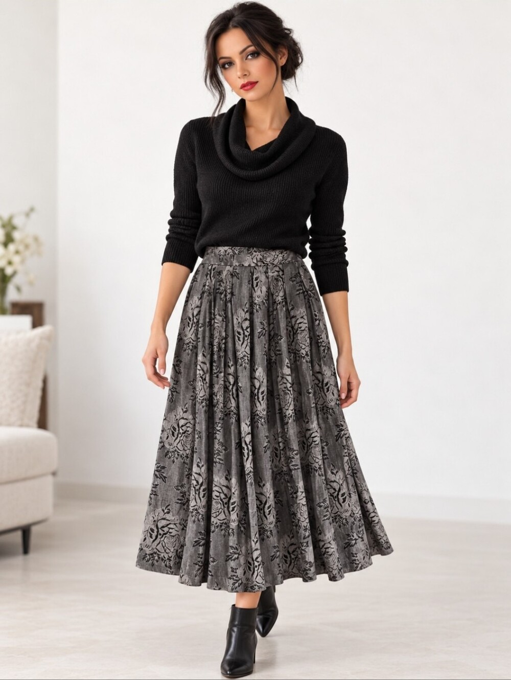 Vintage Editions Gray & Black Floral Pleated 1990's Midi Skirt |Flowy Skirt